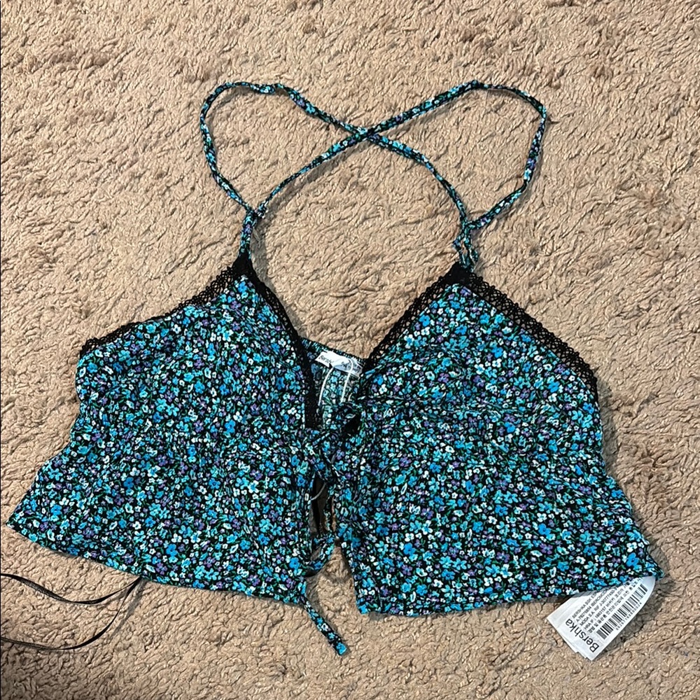 Bershka Blue and Black Tie Front Crop Camisole